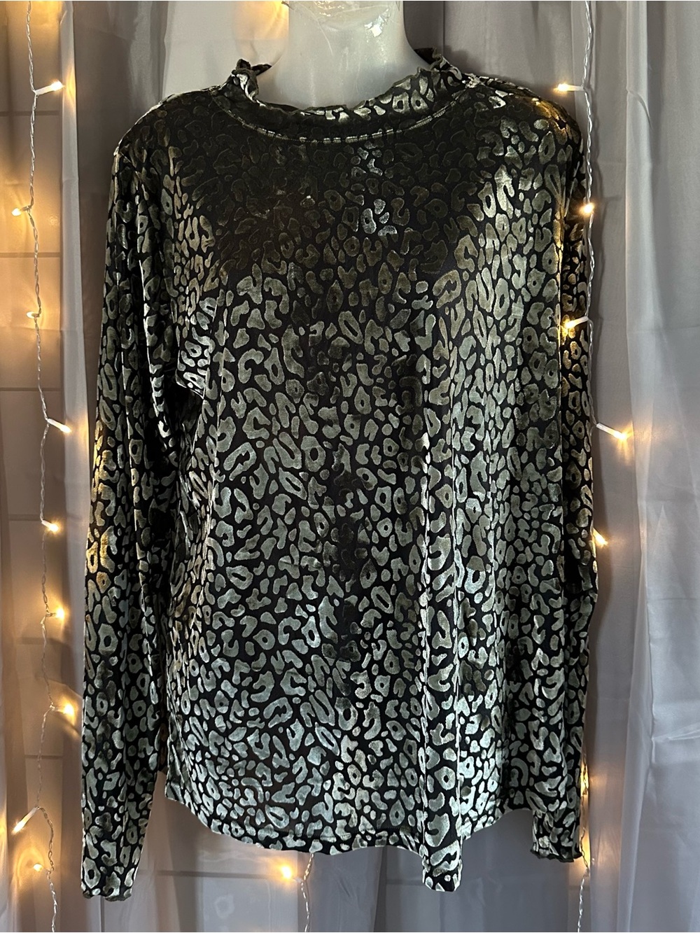 Kori America metallic velour velvet leopard print long sleeve mesh top Sz L NWT